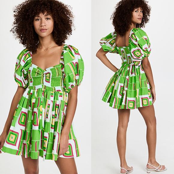 NEW S/W/F Puff Sleeve Babydoll Geometric Ruched Mini Dress Green Chartreuse - Picture 2 of 9